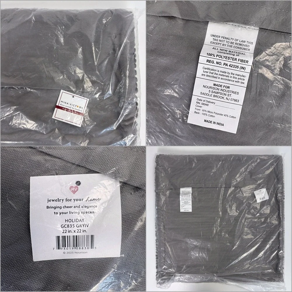 NWT Mina Victory Loop Snowflake Pillow Cover 22x22 Gray Ivory Nourison‎